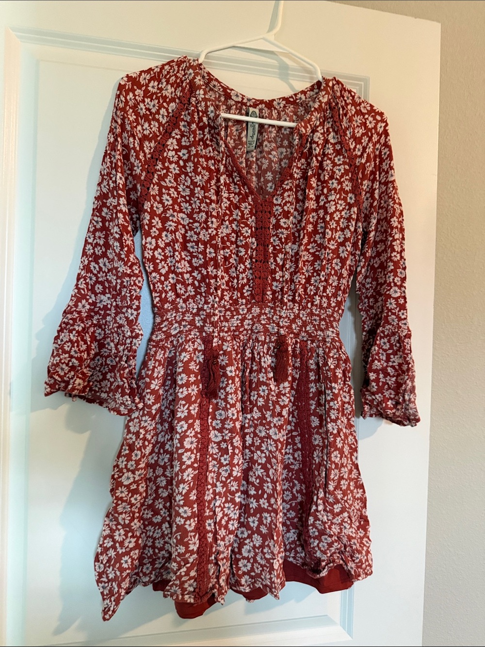 American Rag Rust Red Floral Long Sleeve Peasant Dress
